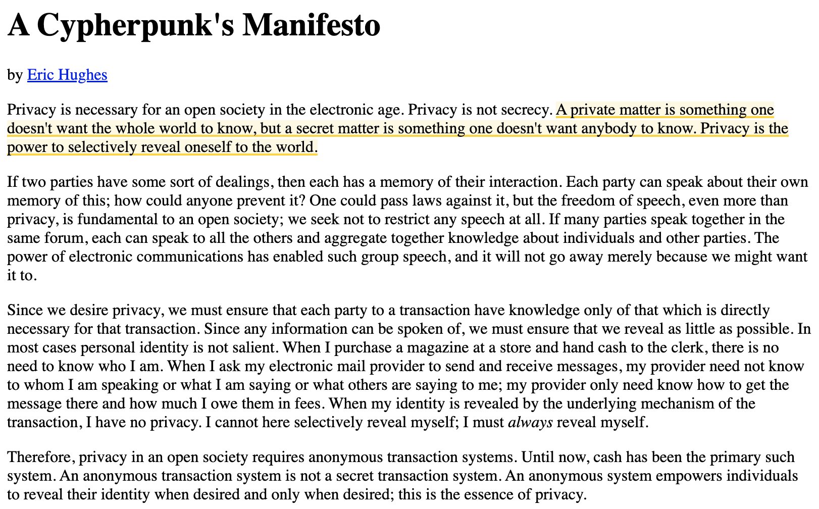 YB on X: "March 9th, 1993: Eric Hughes publishes 'A Cypherpunk's Manifesto'.  This manifesto has the famous line "Cypherpunks write code". Cypherpunks  deplore regulations on cryptography, for encryption is fundamentally a  private