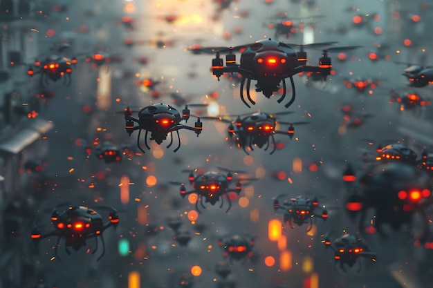 Futuristic Drone Swarm Navigating Chaotic Urban Environment with Intricate  Patterns of Movement and Data Transfer in Vibrant Color Palette | Premium  AI-generated image
